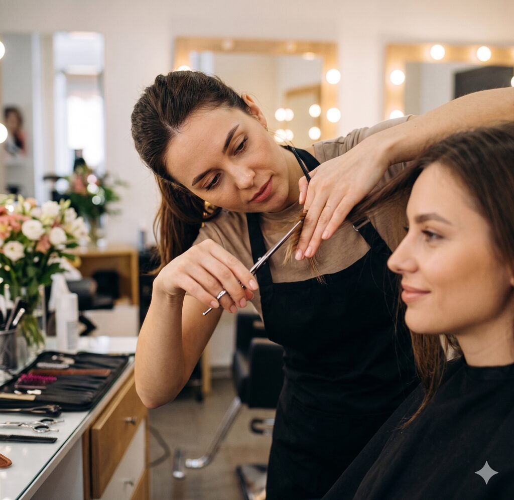cabeleireiro atendendo cliente com atenção em salão de beleza profissional