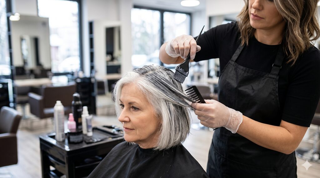 profissional realizando técnica para chumbar cabelo branco em salão
