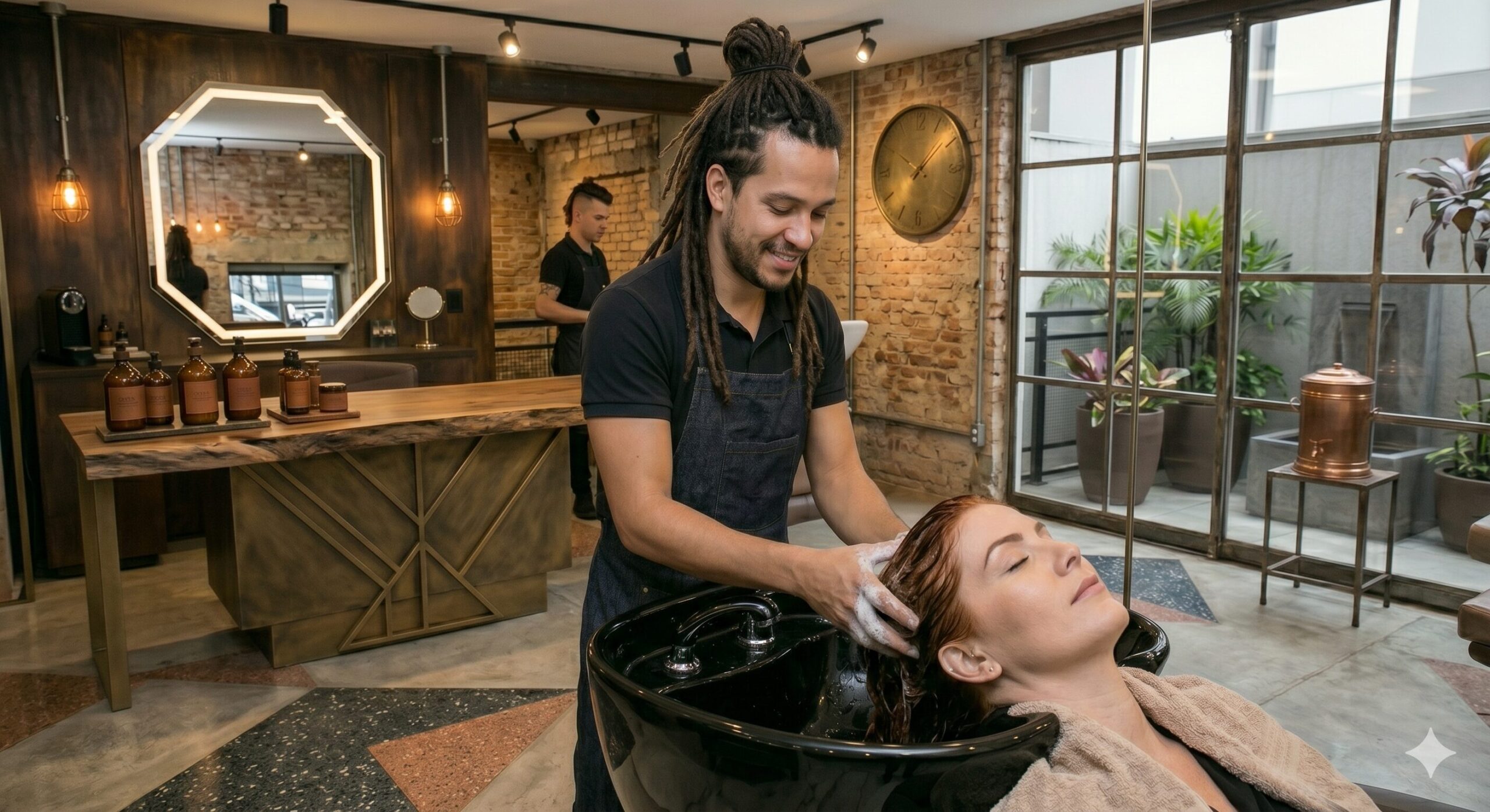 cabeleireiro realizando lavagem profissional dos cabelos no salão