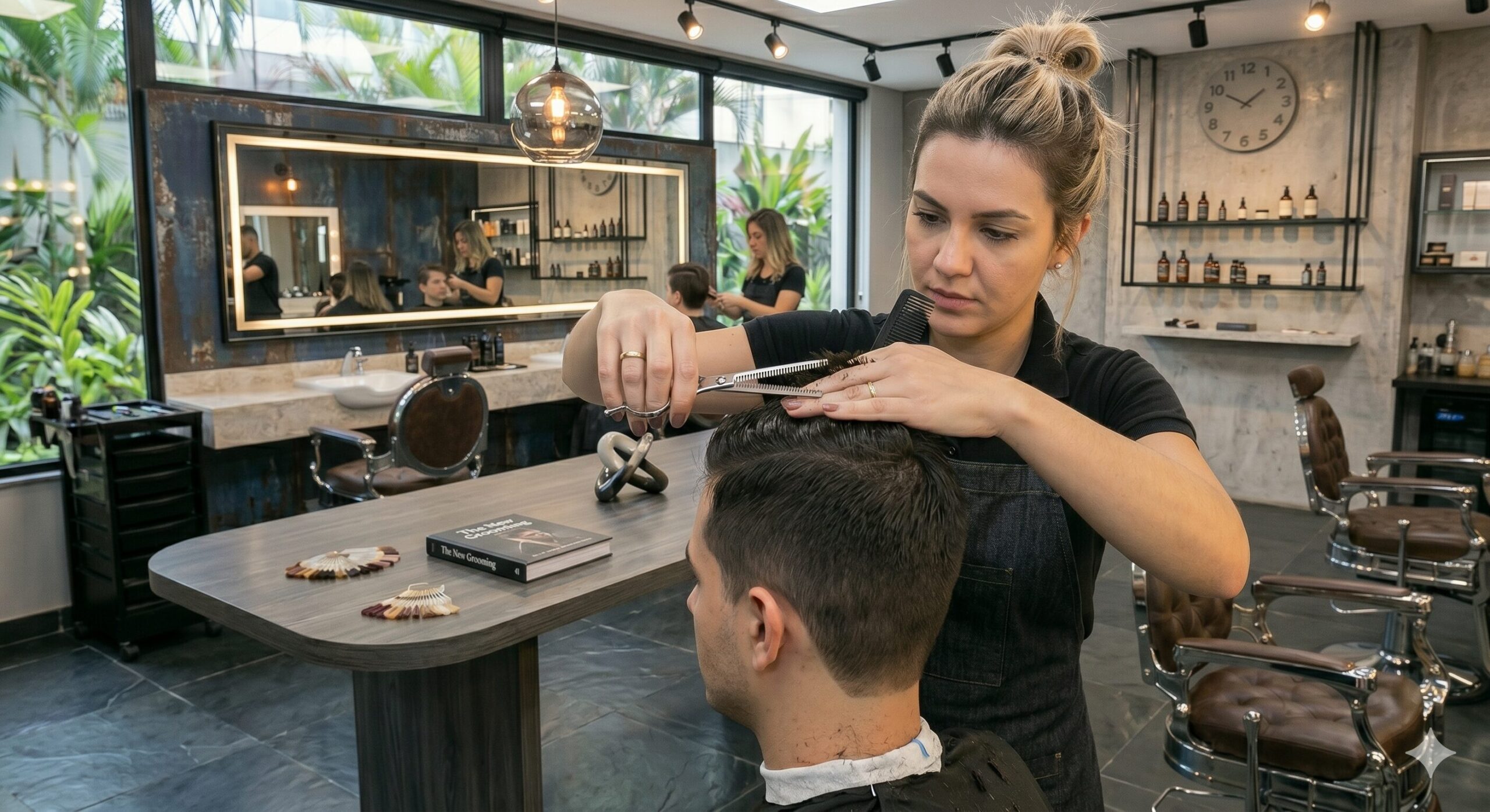 cabeleireira usando tesoura de desbaste em corte curto masculino