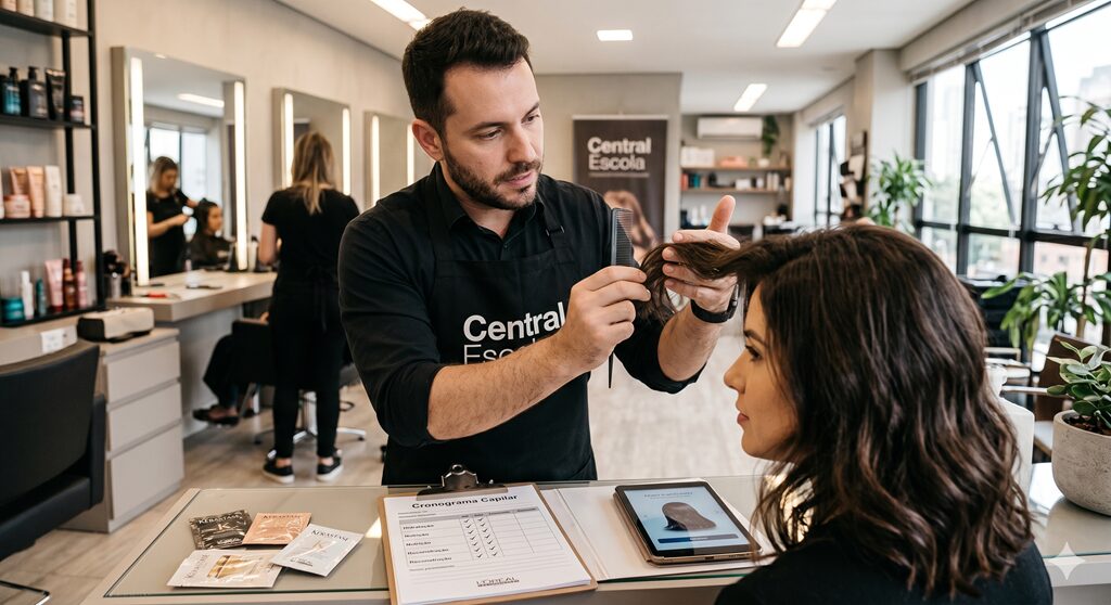profissional avaliando cabelo para montar cronograma capilar