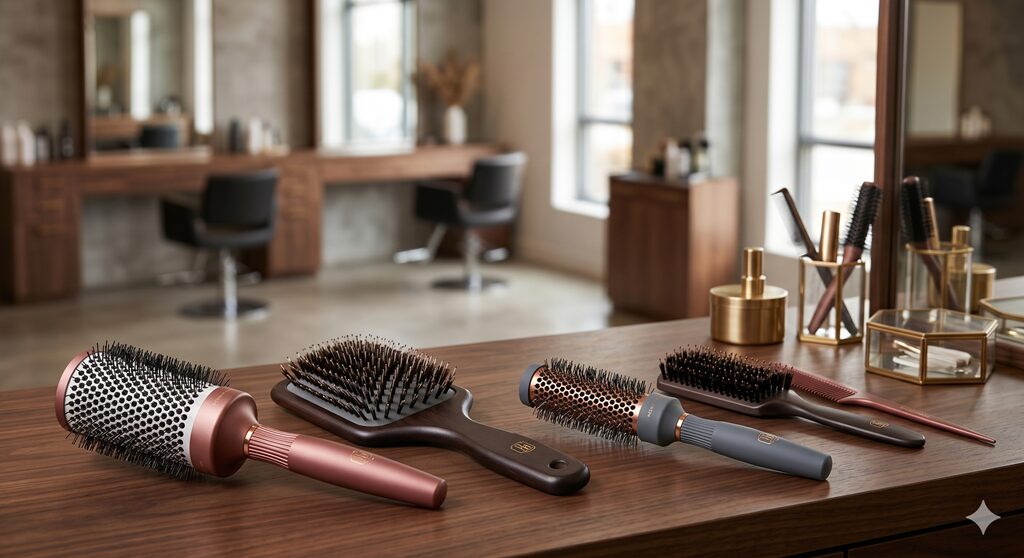 diferentes tipos de escovas profissionais para cabelo utilizadas em salão de beleza
