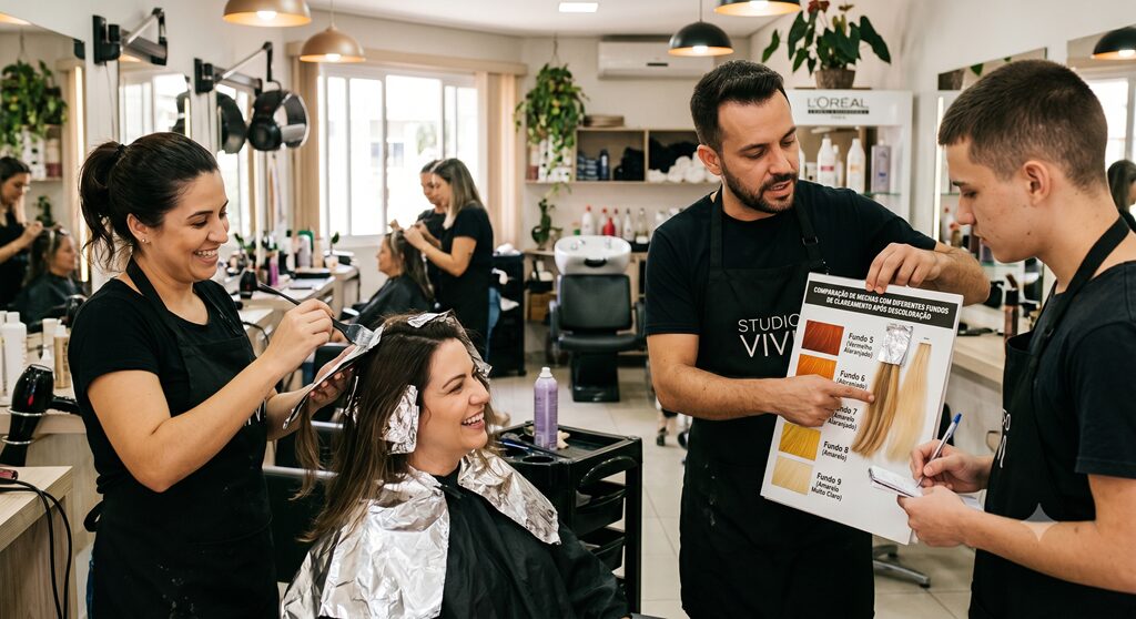 comparação de mechas com diferentes fundos de clareamento após descoloração