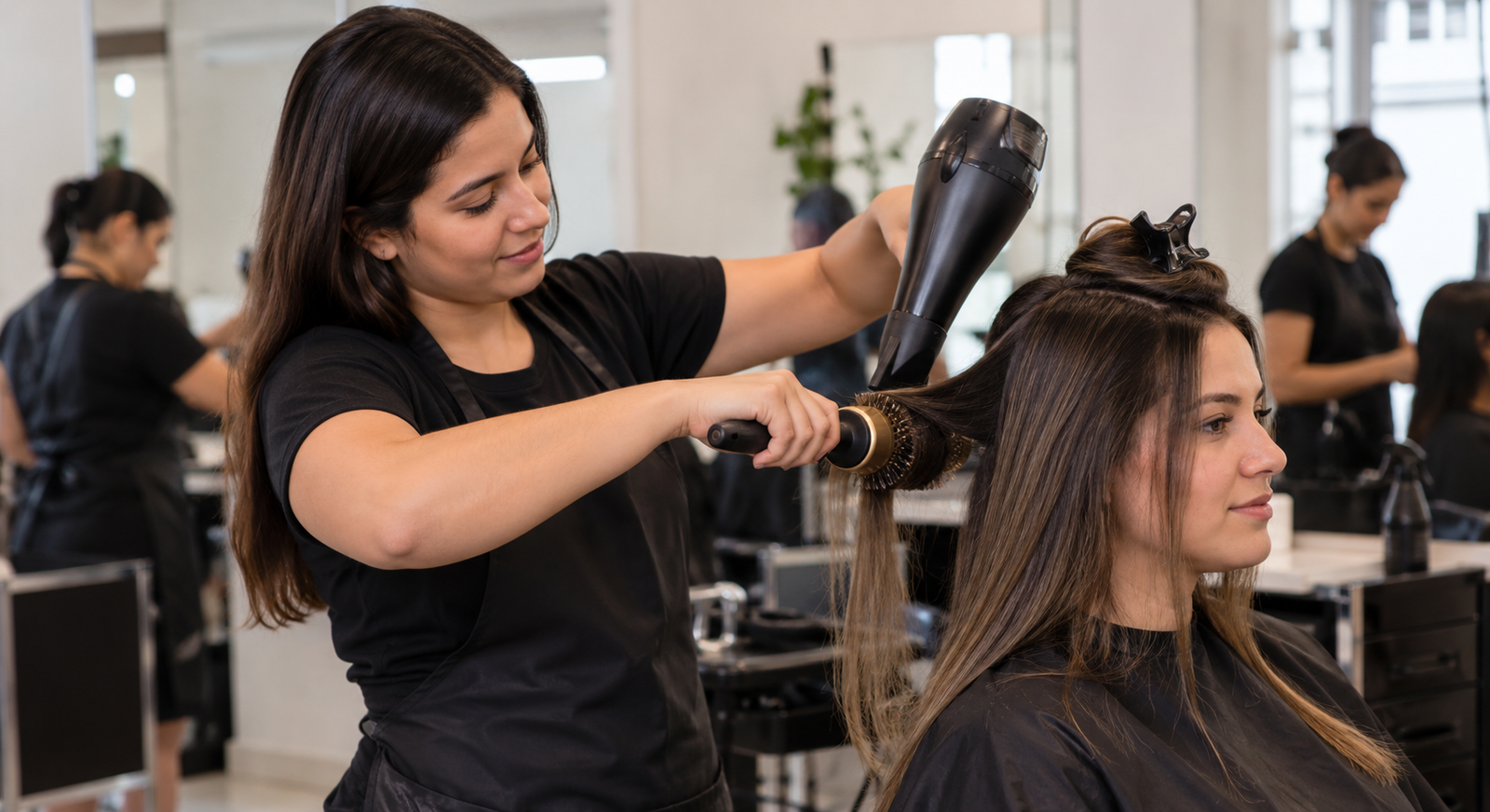 aluna aprendendo escova profissional em curso de beleza em Franca